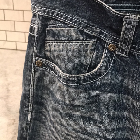 BKE Justin Jeans Mens 32L Blue Denim Flare Distressed Western Boho Festival - Picture 8 of 12